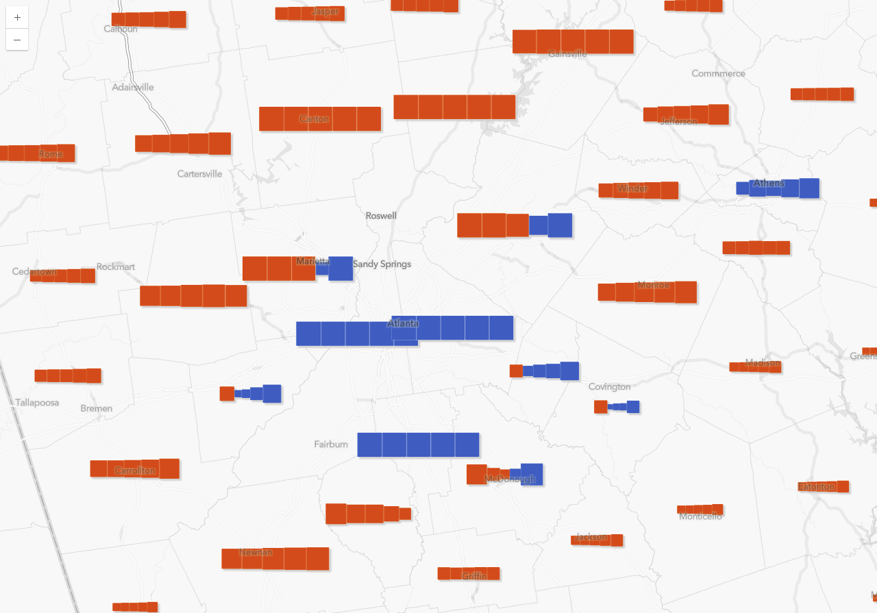 The counties in the suburbs of Atlanta have shown a gradual shift from strong Republican support to growing Democratic support.